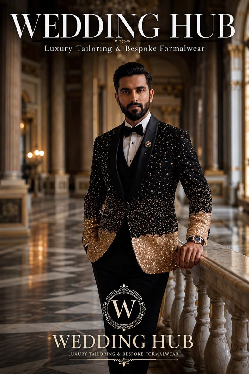 A Wedding Hub client in a gold and black embellished tuxedo