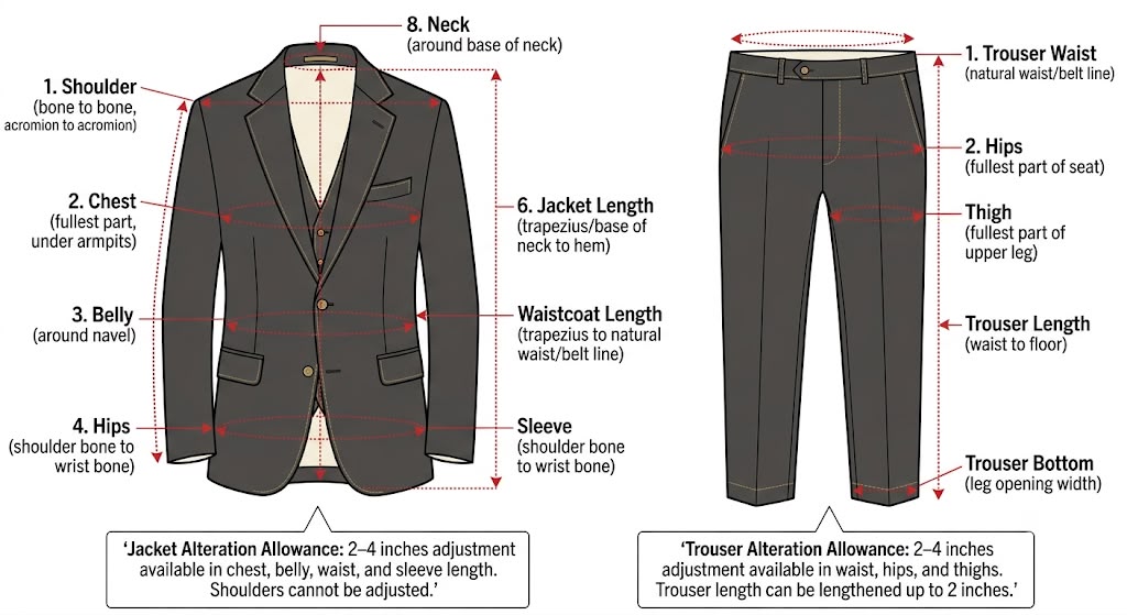 Illustrated guide showing where each suit and trouser measurement is taken